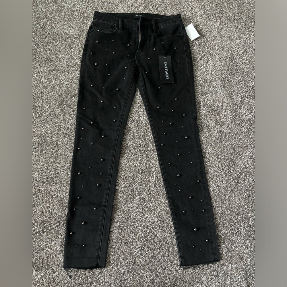 New Driftwood Jackie Black Pearl Studded Raw Hem Jeans 27